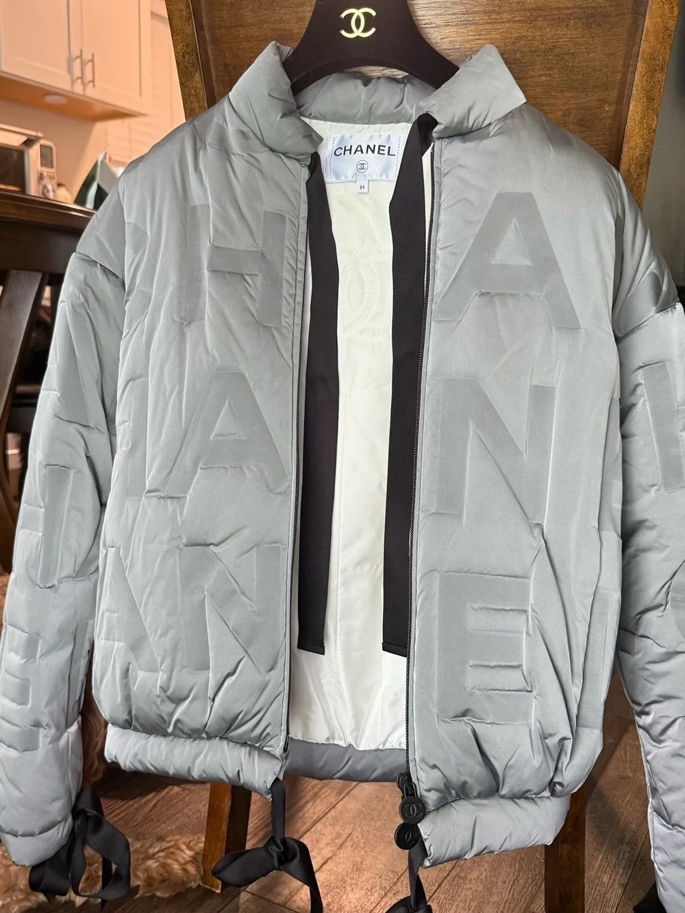CHANEL Light Gray Quilted Logo Puffer Jacket - Picture 3 of 5